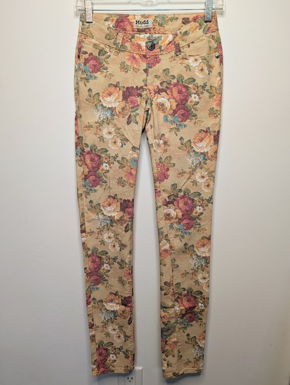 Y2K Ultra Low Rise Muted Yellow Multi Color Floral Pattern Stretchy Skinny Jeans